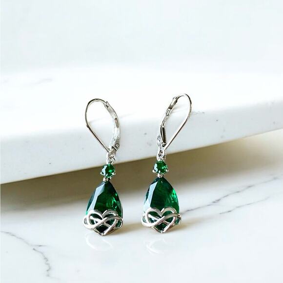 Sterling Silver Emerald Cubic Zirconia Teardrop Heart & Infinity Earrings NEW - Picture 2 of 9